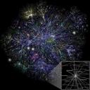 Visualisierung von Kommunikationswegen in einem Teil des weltweiten Internet (Q: Nasa, Wikpedia).